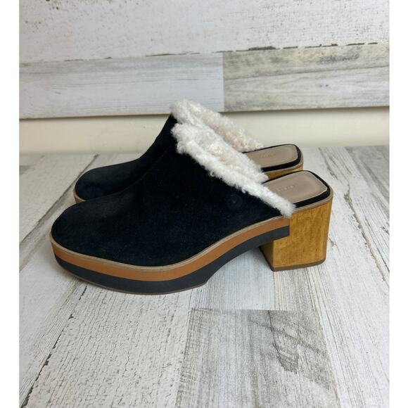 Bernardo Women’s 8.5 Sky Black Suede Shearling Platform Clogs Wooden Heel shoe - Picture 6 of 8